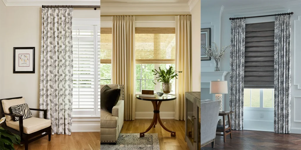 A montage of three images showcasing draperies paired with other window treatments, including plantation shutters, woven shades, and Roman shades, creating elegant living room designs.